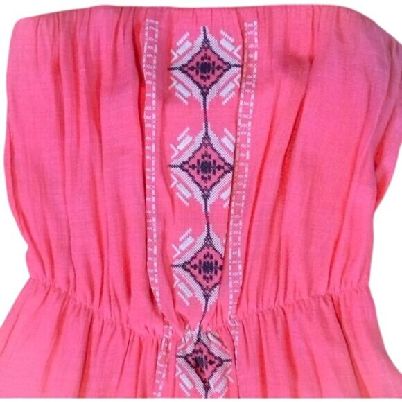 NWT Coral Embroidered Print High-Low Hem Cinched Waist Strapless Boho Midi Dress - Picture 3 of 10